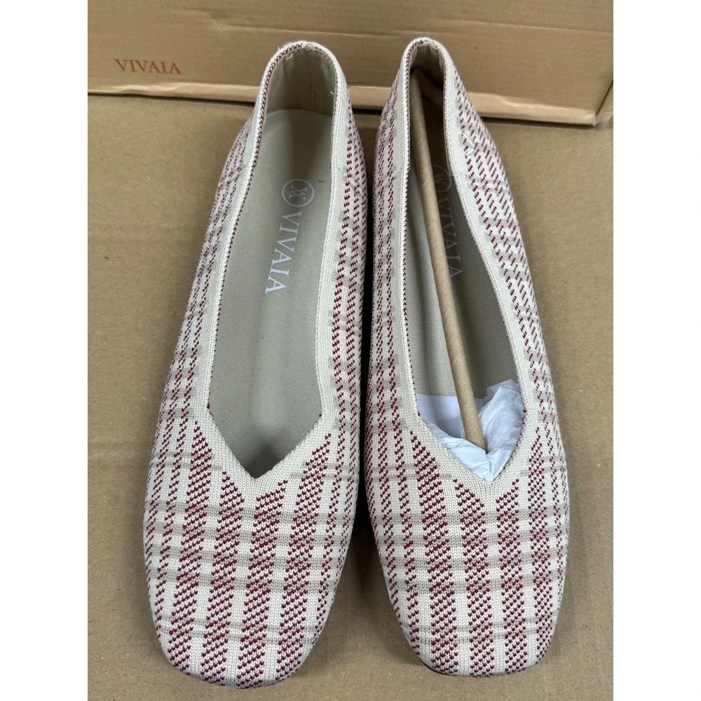 Vivaia Square‎ Toe Ballet Flats Red Cream Checkered  EU/39 US/8